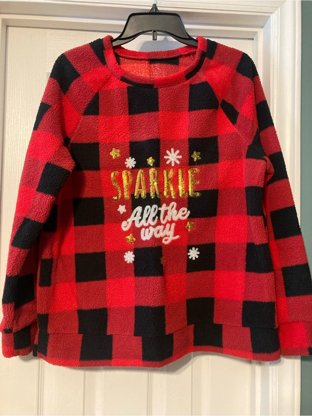 Womens Red & Black Buffalo Plaid Fleece Top - 'Sparkle All the Way'